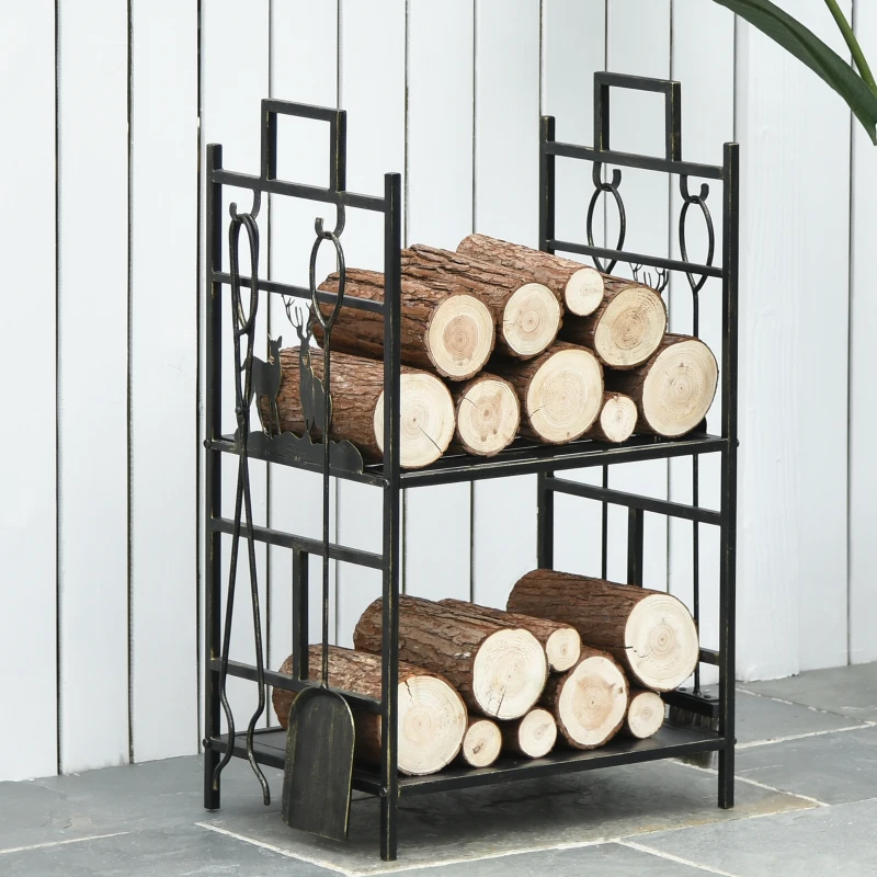 Outsunny 20.25" x 13" x 30.25" 2-Layer Heavy Duty Firewood Rack Wood Log Fireplace Stacker  w/ 4 Tools, Black and Gold