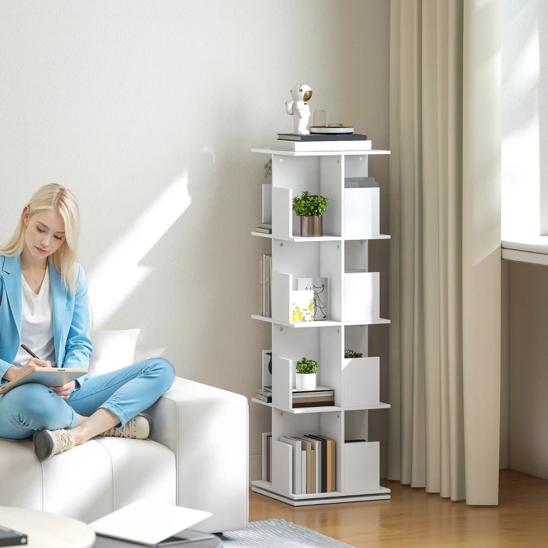HOMCOM 360° Rotating Bookcase, 4 Tier Bookshelf with 16 Cubbies for Small Space, Living Room, Bedroom, Study, White Wood Grain