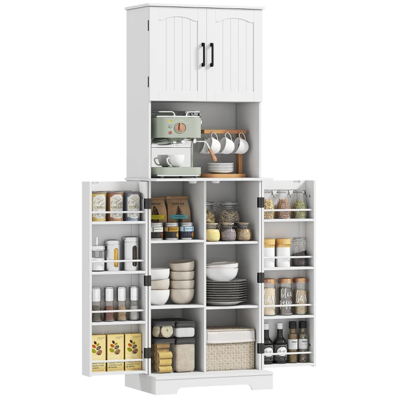 HOMCOM 71.5" Tall Pantry Cabinet, Farmhouse Kitchen Storage Cabinet with Adjustable Shelves, 8 Door Spice Racks, White