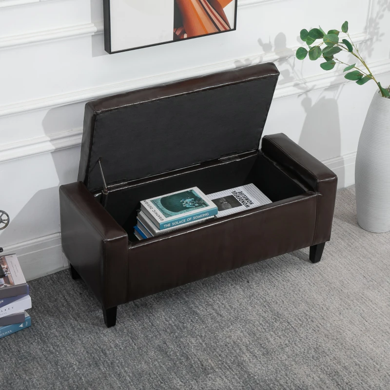 HOMCOM Storage Ottoman Bench, PU Leather Upholstered Bench with Tufted Design, Brown