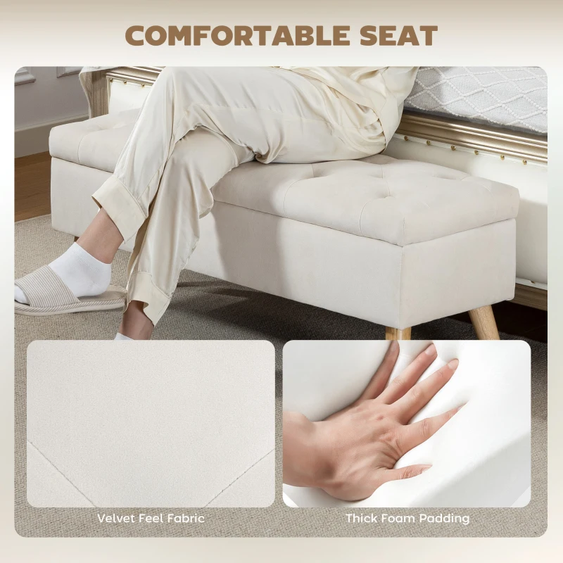 HOMCOM Storage Ottoman with Lid, Velvet Upholstered Storage Bench with Wood Legs for Living Room, Cream White