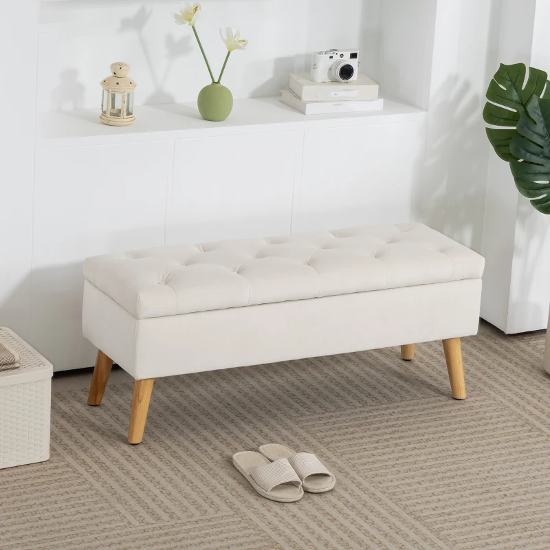 HOMCOM Storage Ottoman with Lid, Velvet Upholstered Storage Bench with Wood Legs for Living Room, Cream White