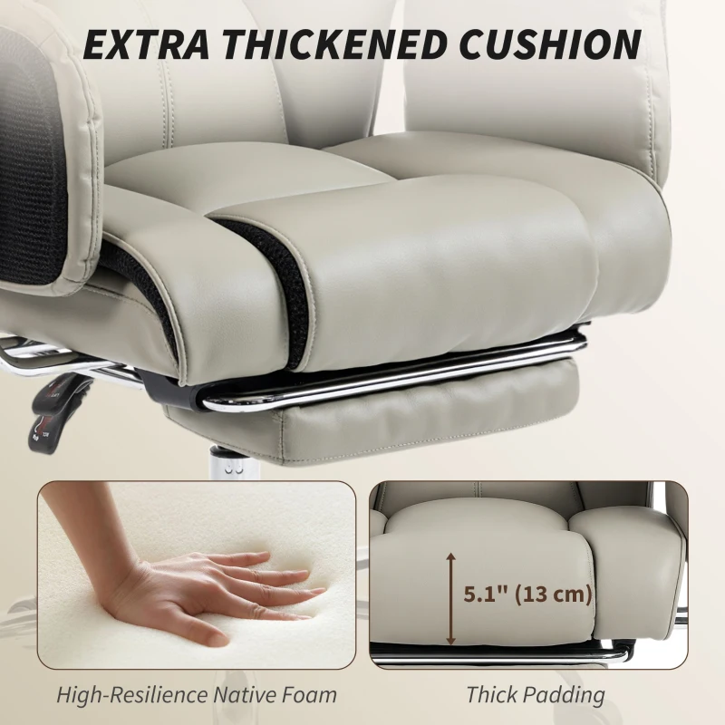 HOMCOM Reclining Office Chair, Overstuffed Executive Desk Chair with High Back, PU Leather, Footrest, Swivel Wheels, Grey