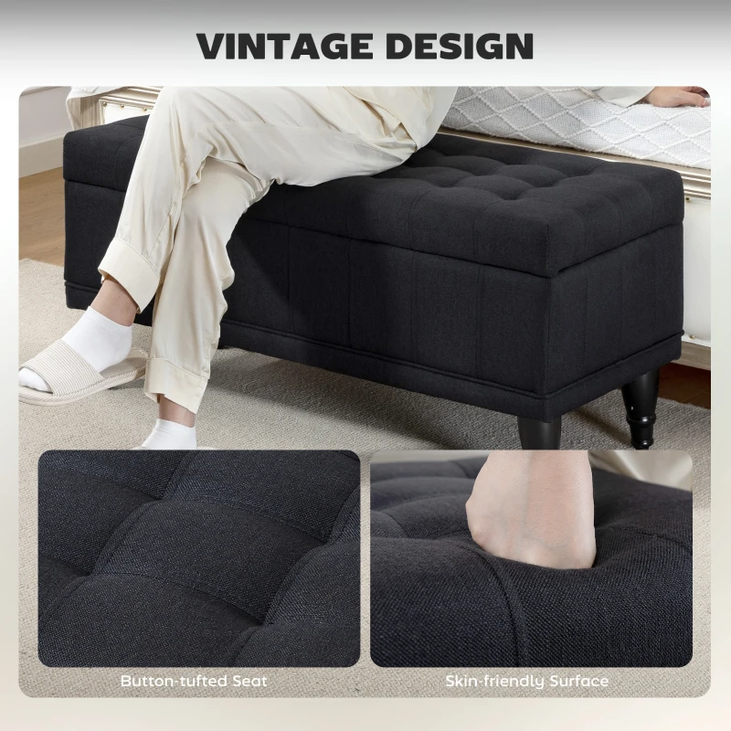 HOMCOM Storage Ottoman, Linen Fabric End of Bed Bench with Button Tufted Storage Bench for Bedroom, Black