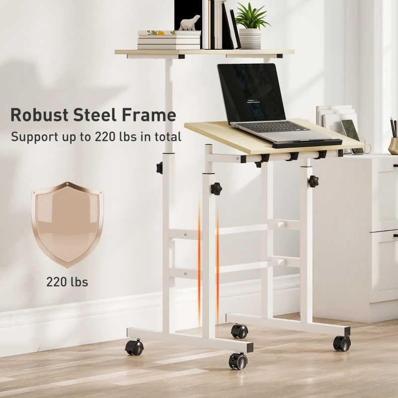 HOMCOM Stand Up Desk, Height & Angle Adjustable Computer Desk with Wheels for Standing or Sitting, Laptop Table, Natural
