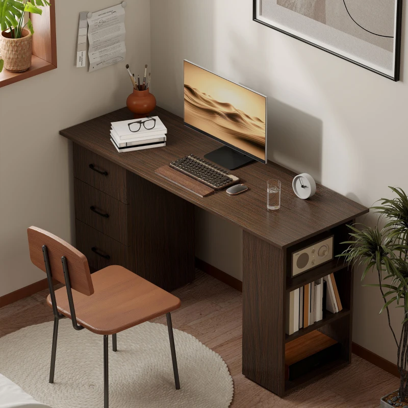 HOMCOM Computer Desk, 55" Writing Table with 3-Tier Shelves and 3 Reversible Drawers for Home Office, Bedroom, Walnut