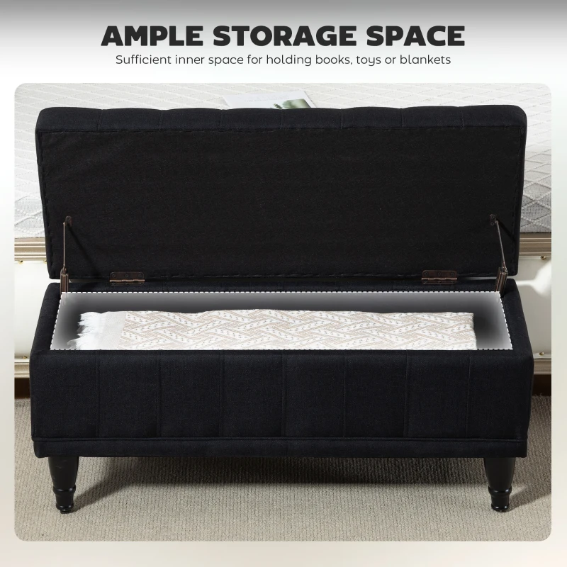 HOMCOM Storage Ottoman, Linen Fabric End of Bed Bench with Button Tufted Storage Bench for Bedroom, Black