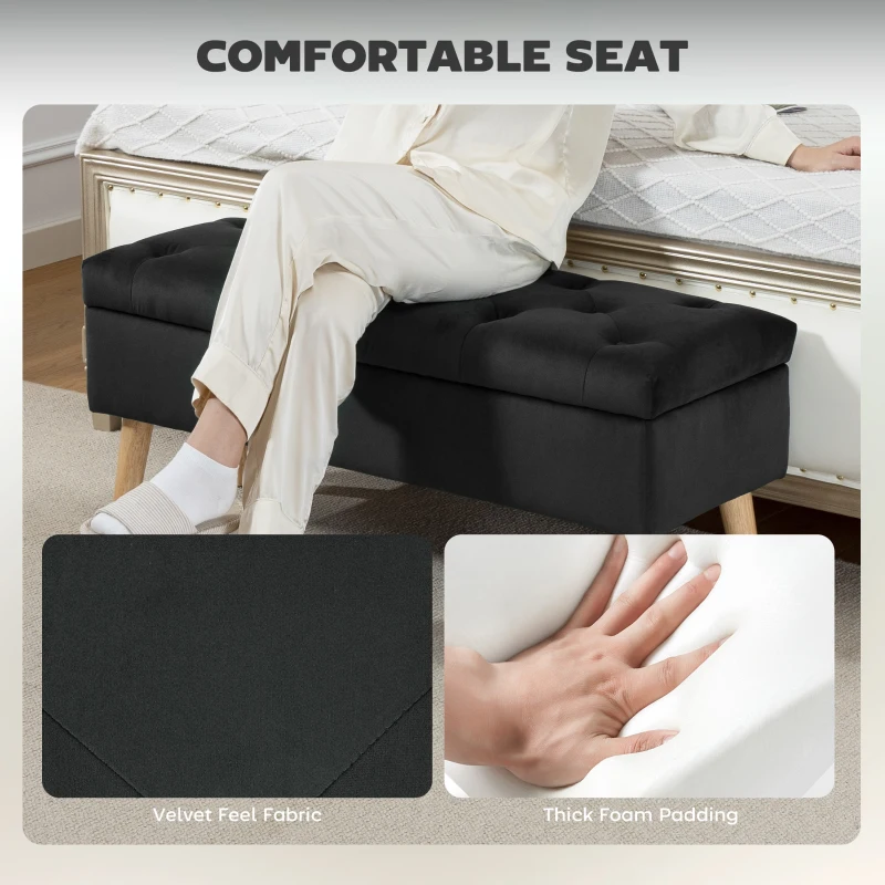 HOMCOM Storage Ottoman with Lid, Velvet Upholstered Storage Bench with Wood Legs for Living Room, Black