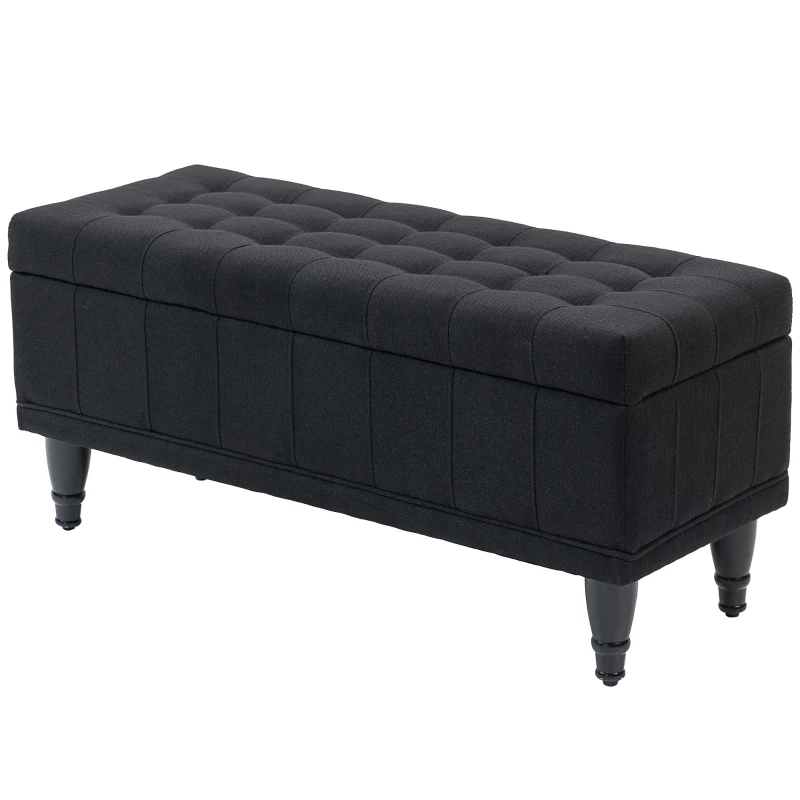 HOMCOM Storage Ottoman, Linen Fabric End of Bed Bench with Button Tufted Storage Bench for Bedroom, Black