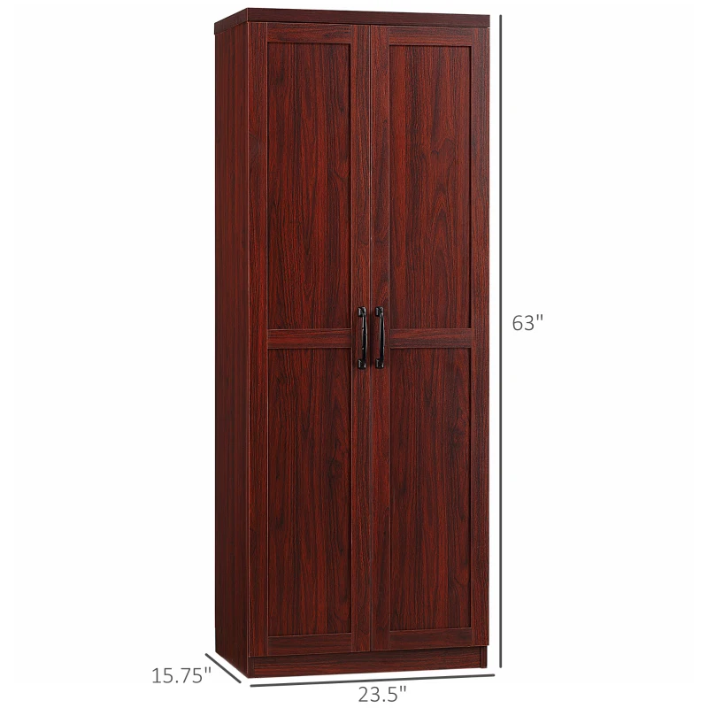HOMCOM 63" 2-Door Kitchen Pantry, Freestanding Storage Cabinet with 5-tier Shelving and 2 Adjustable Shelves for Dining Room, Cherry Wood Color
