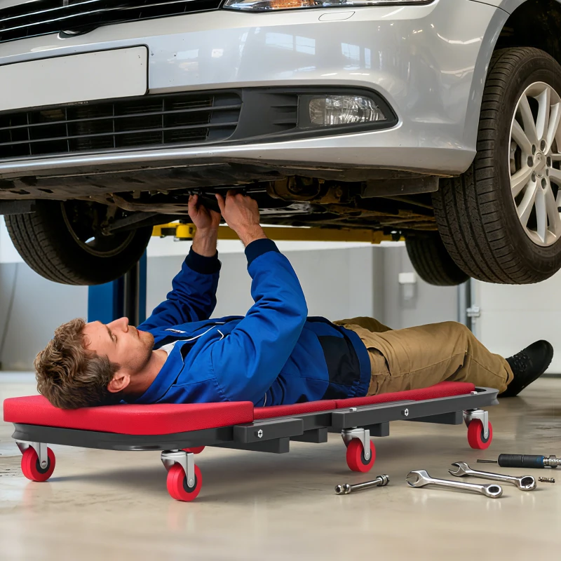 HOMCOM Automotive Z Creeper Seat, 2-in-1 330 lbs Rolling Garage Mechanic Creeper & Stool with Pad, 6 Wheels, Red