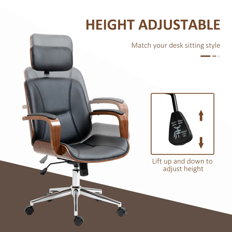 HOMCOM Office Chair, PU Leather Desk Chair with Removable Headrest, Adjustable Height, Tilt Function and with Wheels, Black