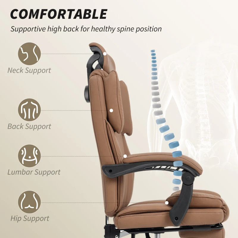 HOMCOM Reclining Office Chair, Executive Desk Chair with Pet-Friendly Fabric, Headrest, Footrest, Swivel Wheels, Brown