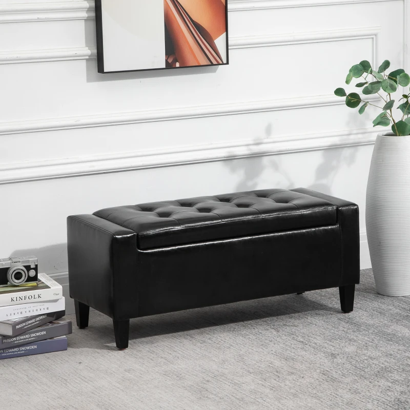 HOMCOM Storage Ottoman Bench, PU Leather Upholstered Bench with Tufted Design, Black
