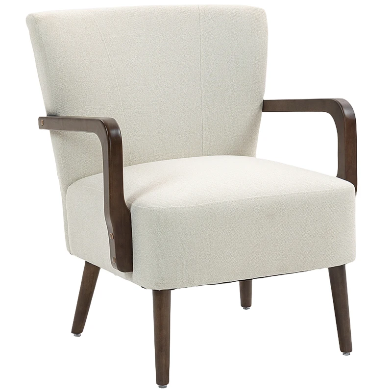 HOMCOM Accent Chair with Wooden Legs, Linen Fabric Armchair with Thick Padding, Comfy Chair for Living Room, Cream White