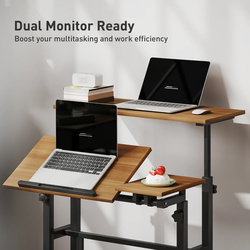 HOMCOM Mobile Stand Up Desk, Height & Angle Adjustable Computer Desk with Wheels for Standing or Sitting, Laptop Desk, Brown