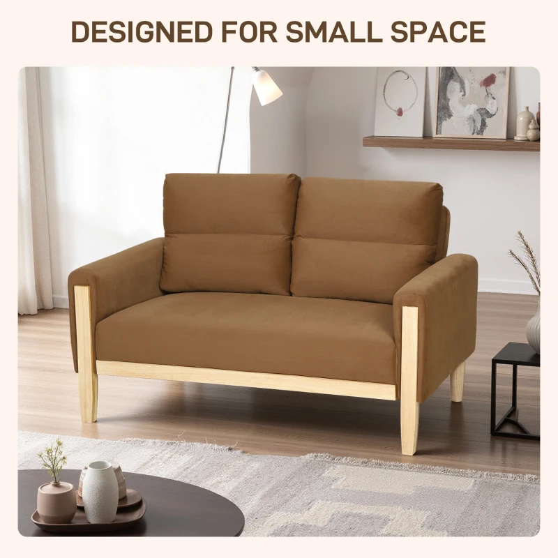 HOMCOM 53" Loveseat Sofa, Small 2 Seater Couch with Solid Wood Legs, Modern Velvet Sofa for Living Room, Small Spaces,Brown