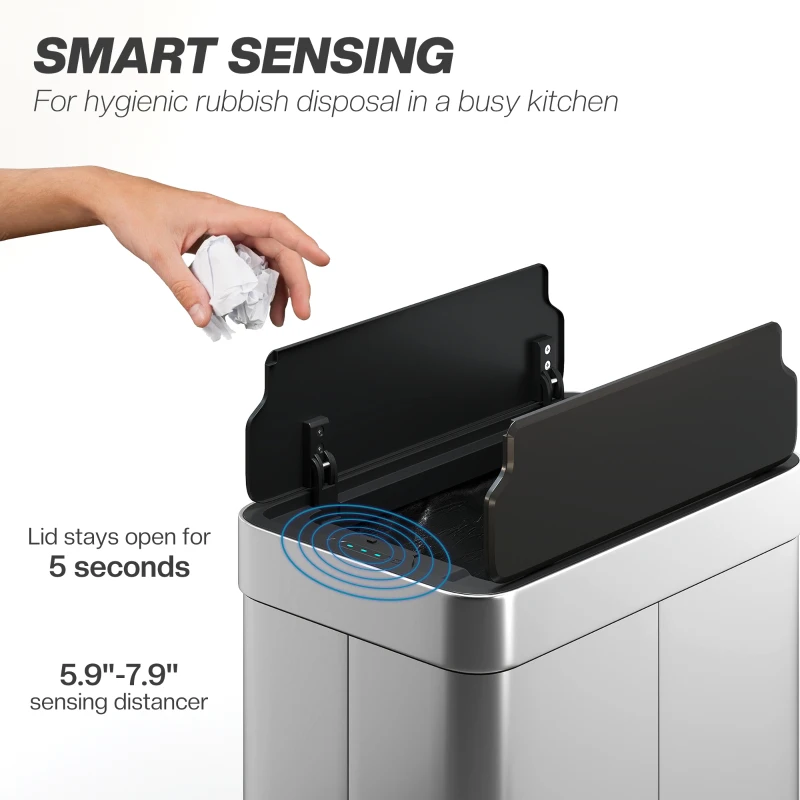 HOMCOM 14.5 Gallon Sensor Can, Automatic Garbage Can with Soft-Close Butterfly Lid, Fingerprint-Proof Stainless Steel, Silver
