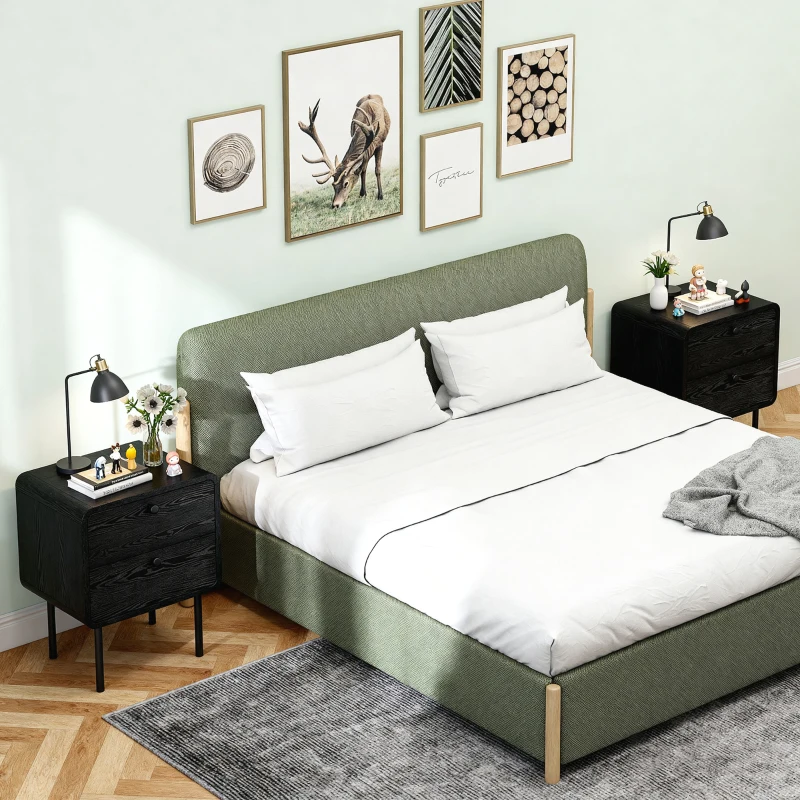 HOMCOM Modern Bedside Tables Set of 2, 2 Pieces Nightstands with 2 Storage Drawers and Steel Legs for Bedroom, Black Wood Grain