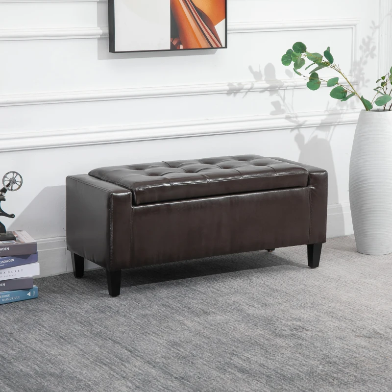 HOMCOM Storage Ottoman Bench, PU Leather Upholstered Bench with Tufted Design, Brown
