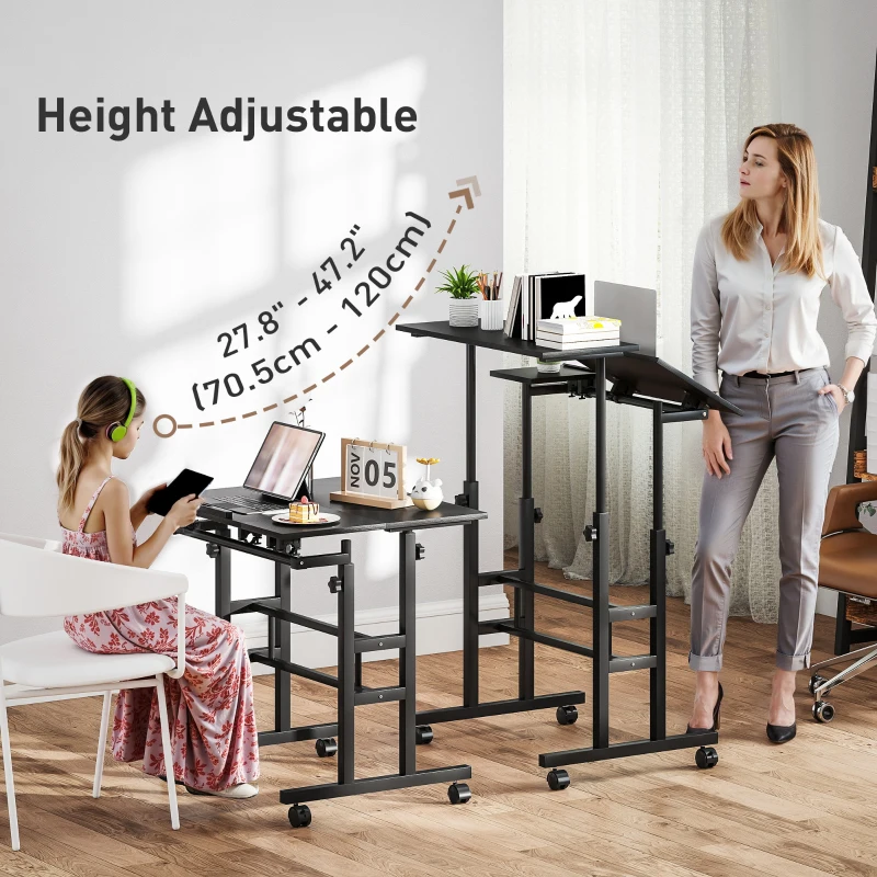 HOMCOM Mobile Stand Up Desk, Height & Angle Adjustable Computer Desk with Wheels for Standing or Sitting, Laptop Desk, Black