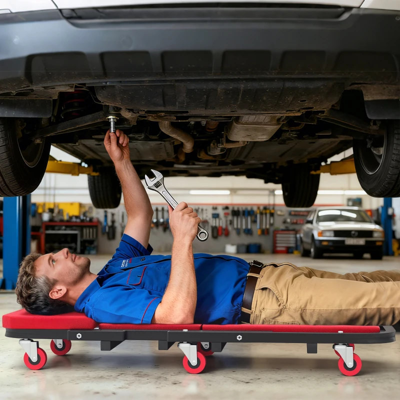 HOMCOM Automotive Z Creeper Seat, 2-in-1 330 lbs Rolling Garage Mechanic Creeper & Stool with Pad, 6 Wheels, Red