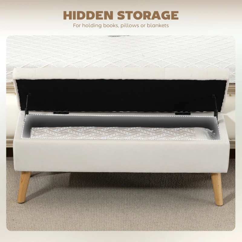 HOMCOM Storage Ottoman with Lid, Velvet Upholstered Storage Bench with Wood Legs for Living Room, Cream White