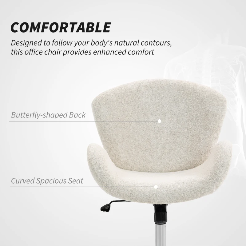 HOMCOM Swivel Office Chair, Velvet Desk Chair with Wide Bucket Seat, Butterfly Back, Tilt Function and Round Base, Cream White