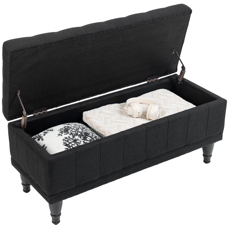 HOMCOM Storage Ottoman, Linen Fabric End of Bed Bench with Button Tufted Storage Bench for Bedroom, Black