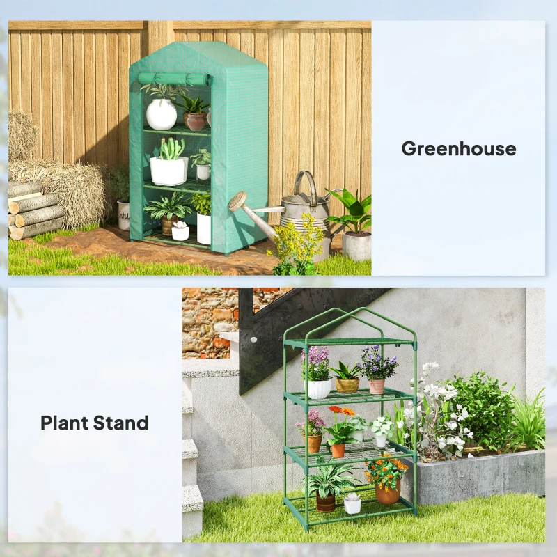 Outsunny 3 Tier Mini Greenhouse, Portable Flower Stand with Shelf Clips, Indoor Greenhouse with Steel Frame, Green