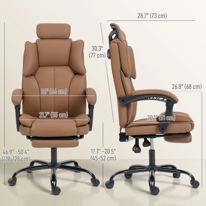 HOMCOM Reclining Office Chair, Executive Desk Chair with Pet-Friendly Fabric, Headrest, Footrest, Swivel Wheels, Brown