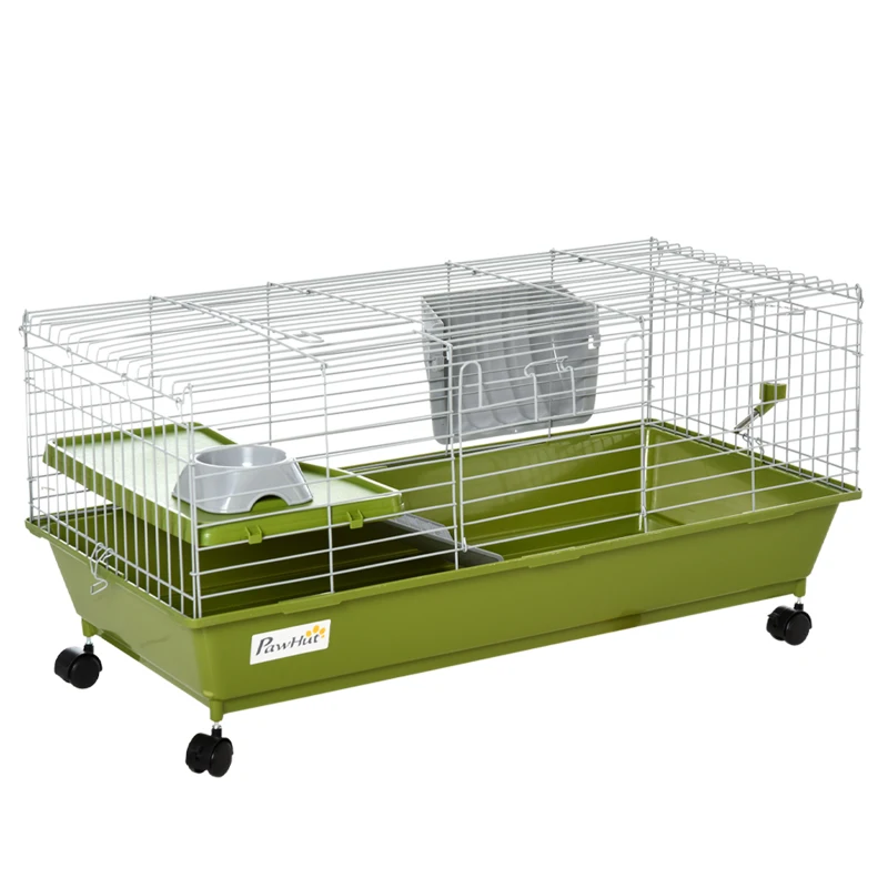 PawHut Small Animal Cage, Rolling Bunny Cage, Guinea Pig Cage with Food Dish, Water Bottle, Hay Feeder, Platform, Ramp, Green