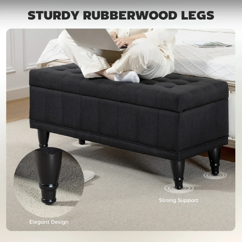 HOMCOM Storage Ottoman, Linen Fabric End of Bed Bench with Button Tufted Storage Bench for Bedroom, Black