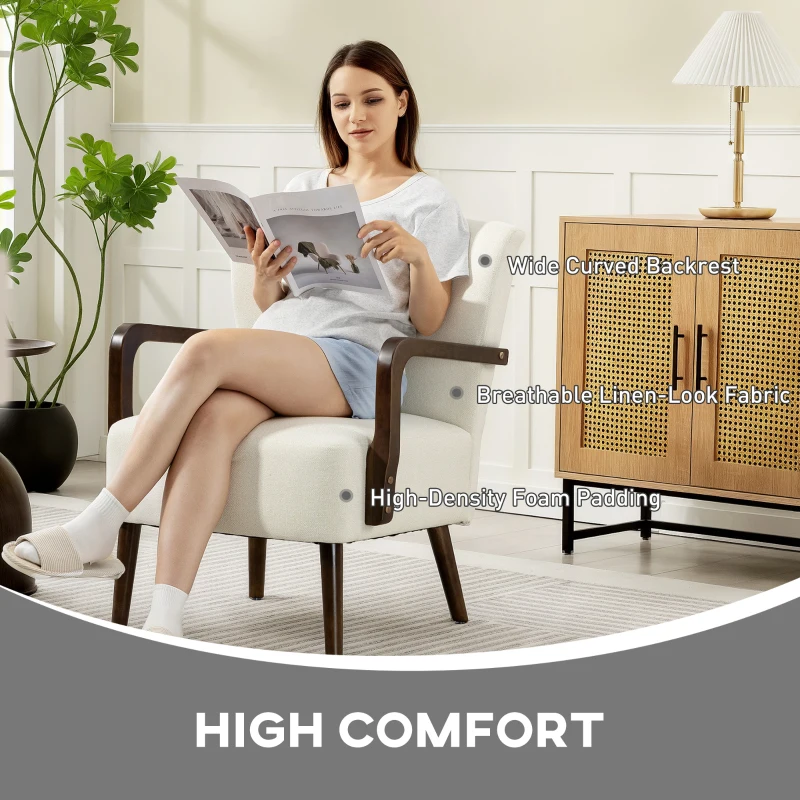 HOMCOM Accent Chair with Wooden Legs, Linen Fabric Armchair with Thick Padding, Comfy Chair for Living Room, Cream White
