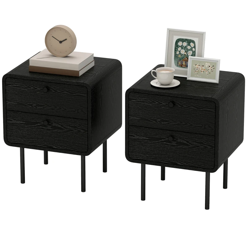 HOMCOM Modern Bedside Tables Set of 2, 2 Pieces Nightstands with 2 Storage Drawers and Steel Legs for Bedroom, Black Wood Grain