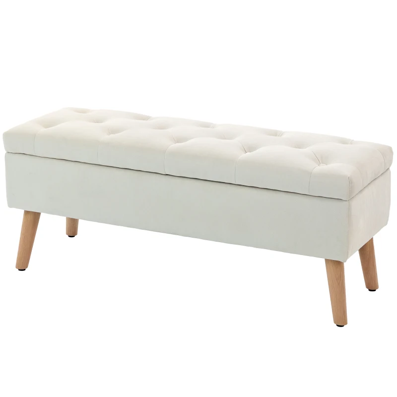 HOMCOM Storage Ottoman with Lid, Velvet Upholstered Storage Bench with Wood Legs for Living Room, Cream White