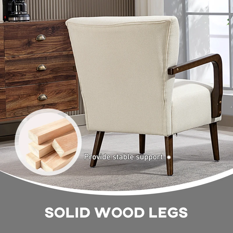 HOMCOM Accent Chair with Wooden Legs, Linen Fabric Armchair with Thick Padding, Comfy Chair for Living Room, Cream White