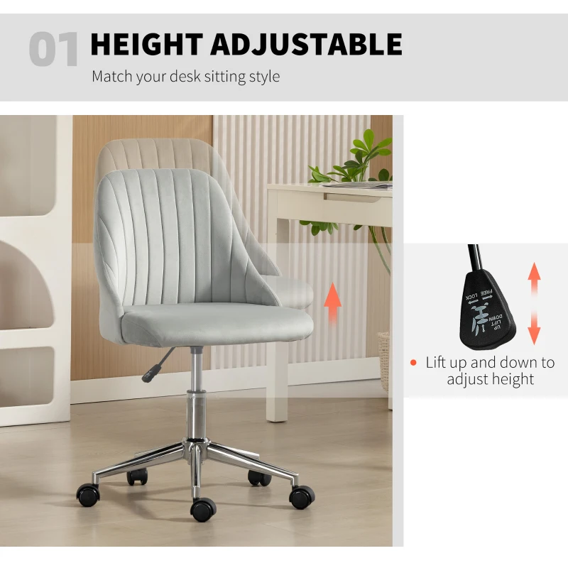 Vinsetto Vanity Chair for Makeup, Velvet Comfy Office Chair with Adjustable Height, Swivel Wheels, Grey