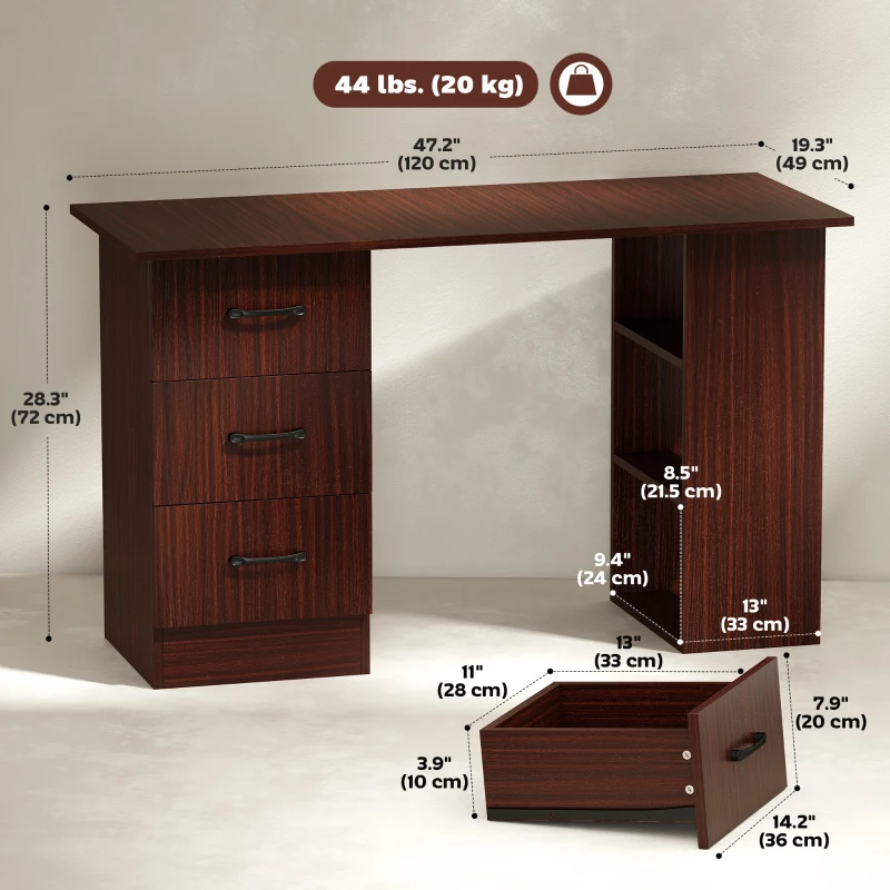 HOMCOM Computer Desk, 47" Writing Table with 3-Tier Shelves and 3 Reversible Drawers for Home Office, Bedroom, Walnut