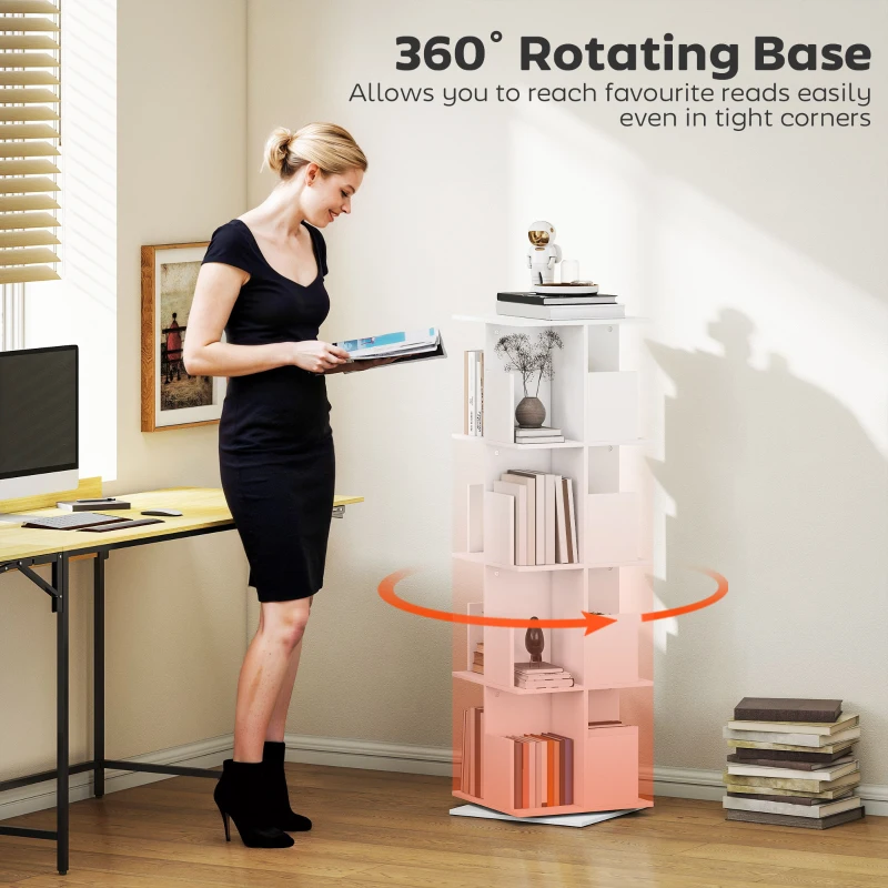 HOMCOM 360° Rotating Bookcase, 4 Tier Bookshelf with 16 Cubbies for Small Space, Living Room, Bedroom, Study, White Wood Grain