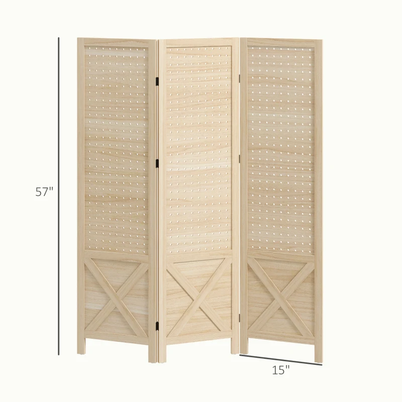 HOMCOM 4.7' 3 Panel Wooden Room Divider with Pegboard Display, Folding Privacy Screen for Home Office, Natural