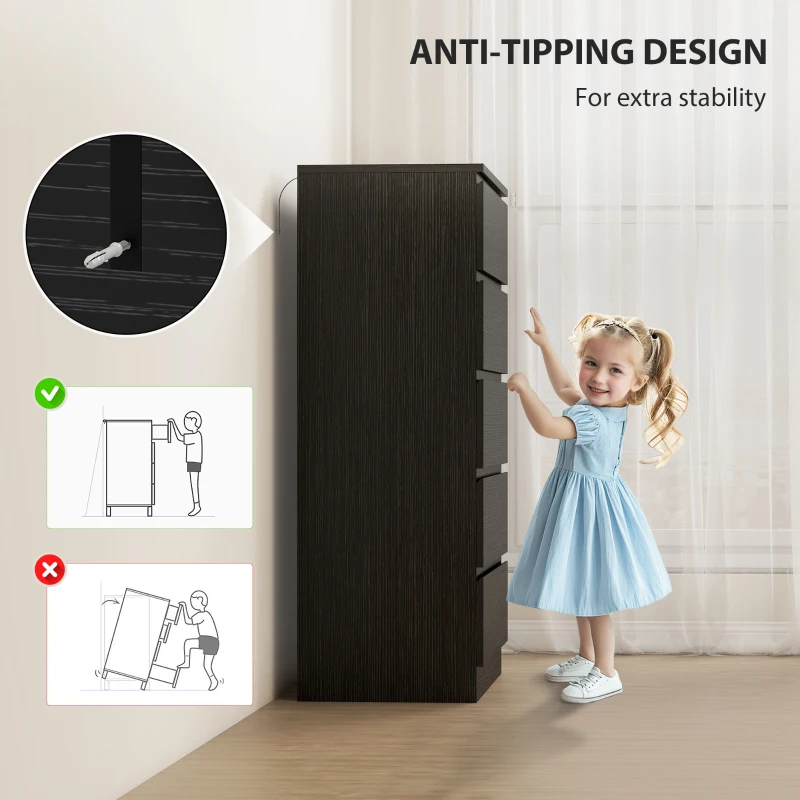 HOMCOM Dresser for Bedroom with 5 Drawers, Modern Chest of Drawers for Living Room, Closet, Hallway, Black