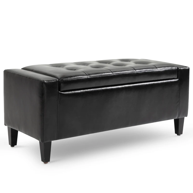HOMCOM Storage Ottoman Bench, PU Leather Upholstered Bench with Tufted Design, Black