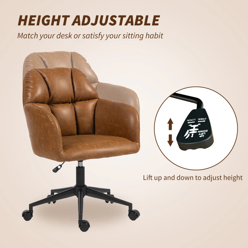 HOMCOM Swivel Office Chair, Faux Leather Desk Chair with Adjustable Height, Study, Brown