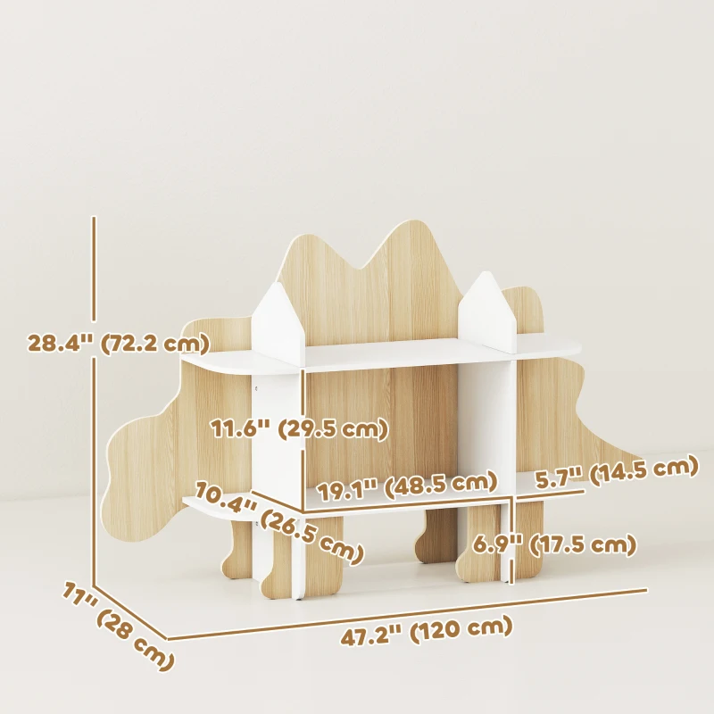 Qaba Dinosaur Themed Kids Bookshelf, 2 Tier Kids Bookcase, for Playroom, Bedroom, Living Room, Kids Room, Natural