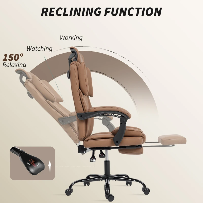 HOMCOM Reclining Office Chair, Executive Desk Chair with Pet-Friendly Fabric, Headrest, Footrest, Swivel Wheels, Brown