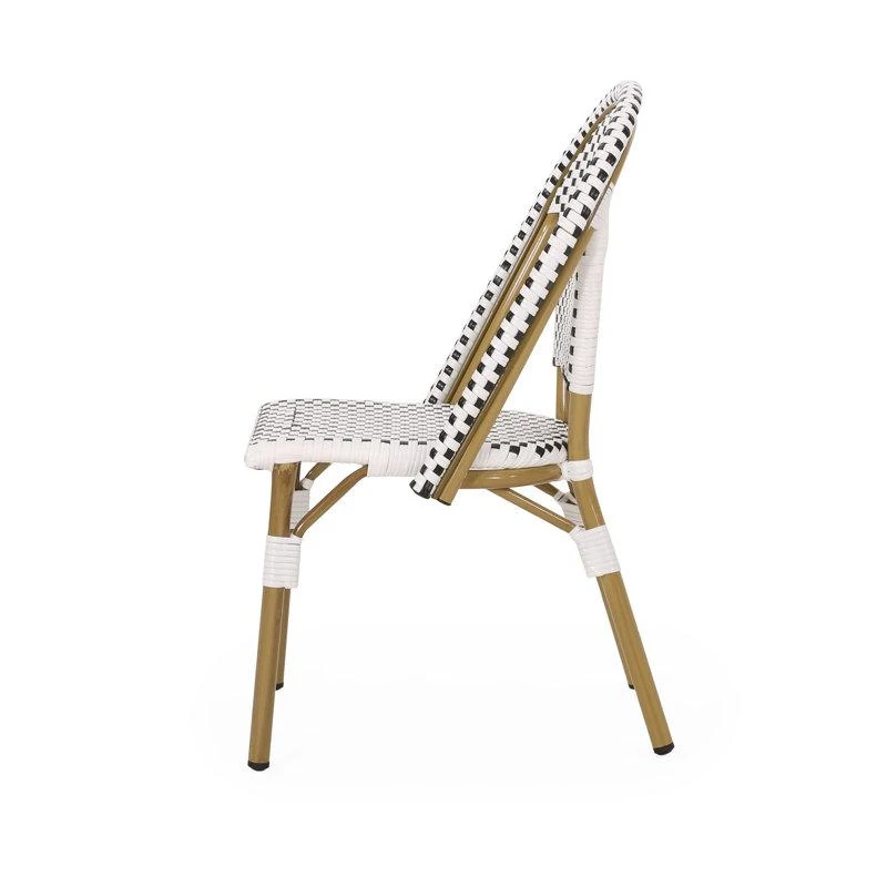 Set of 2 French Bistro Chairs with PE Rattan and Aluminium Frame, Outdoor Chairs with Bamboo Print Finish, 18.5'' L x 21.5'' W x 35'' H, White+Black