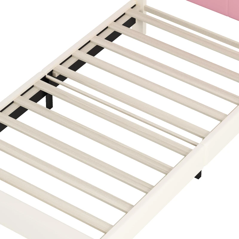 Twin Size Upholstered Princess Bed with Crown Headboard, Solid Poplar Wood Frame, Bed Frame for Children, 80" L x 41.5" W x 44" H, Cream