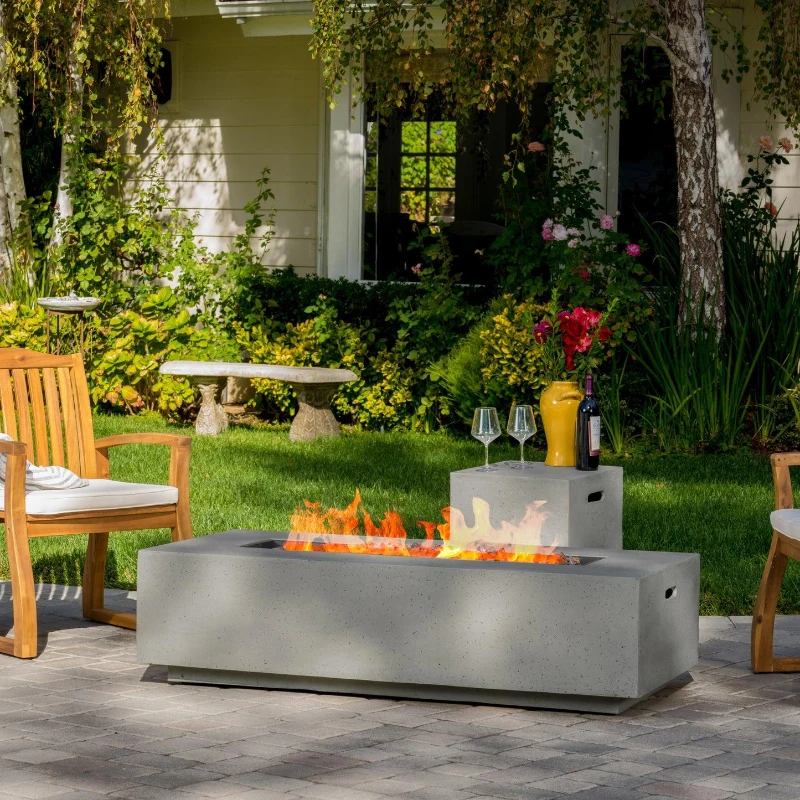 50000 BTU Propane Fire Pit Table with Tank Holder and Durable Iron Frame, Modern Stove for Outdoors, 56'' L x 26.5'' W x 15'' H, Light Gray
