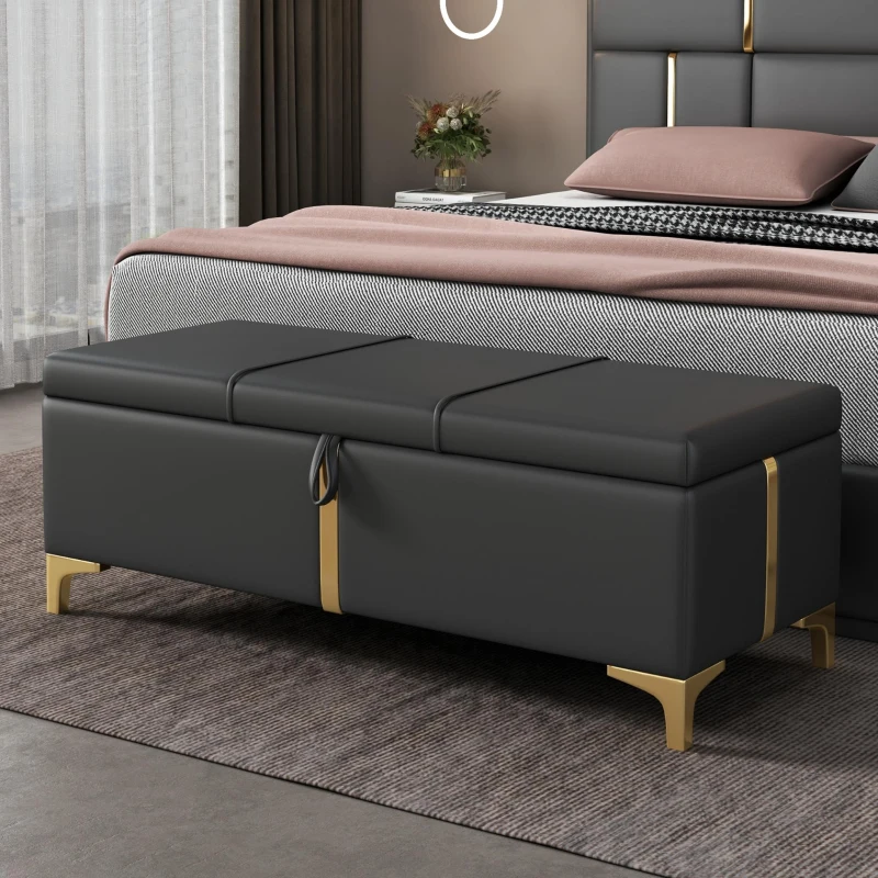 Elegant Upholstered Storage Ottoman with Metal Legs, Generous Storage, Bench for Bedroom and Living Room, 47" L x 15.5" W x 16" H, Black